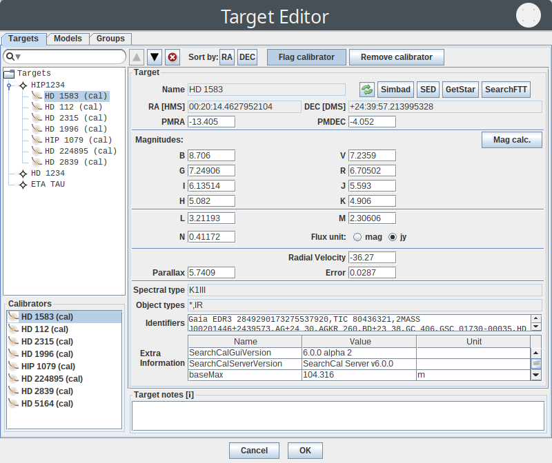 Target editor with science and calibrator targets