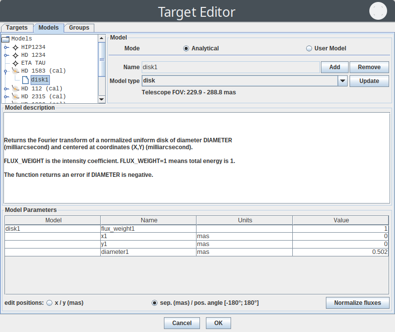 Model editor with science and calibrator targets